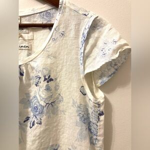 100% linen white and blue floral short sleeve dress